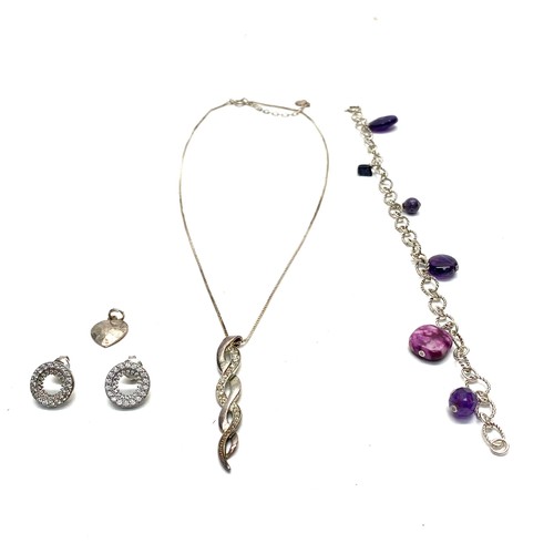 1192 - Silver bracelet with agate stones, silver earrings, silver chain and pendant and silver heart pendan... 