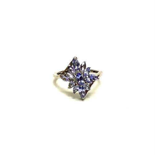 1211 - 13 stone Tanzanite silver ring with platinum overlay 2ct and size T.
