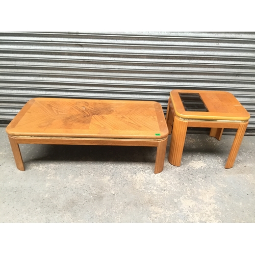 579 - Wooden coffee table and side table with smoked glass insert