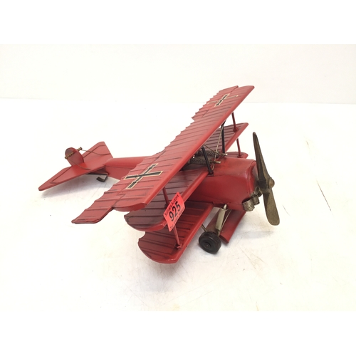 925 - Vintage Red Baron metal Tri plane with moving propellor