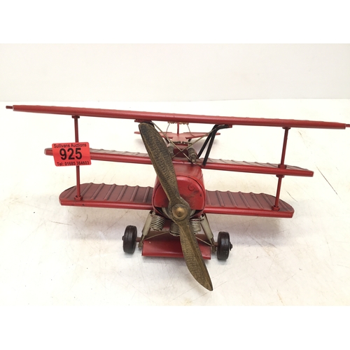 925 - Vintage Red Baron metal Tri plane with moving propellor