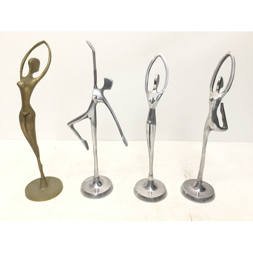 933 - Four abstract metal ballerina sculptures one brass and three aluminium