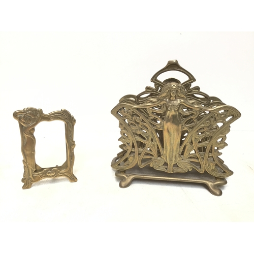 936 - Stunning Art Nouveau brass letter rack and picture frame