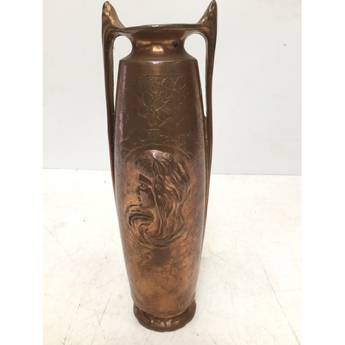 939 - Antique Art Nouveau Bronze/coppered brass Flower Vase Floral Woman Design Jugendstil 24cm
