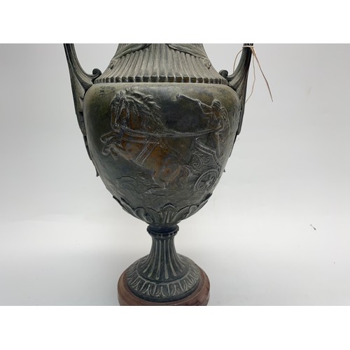 970 - Antique Roman Greek Spelter Bronze Urn Vase Depicting Romam/Greek Chariot Racing.