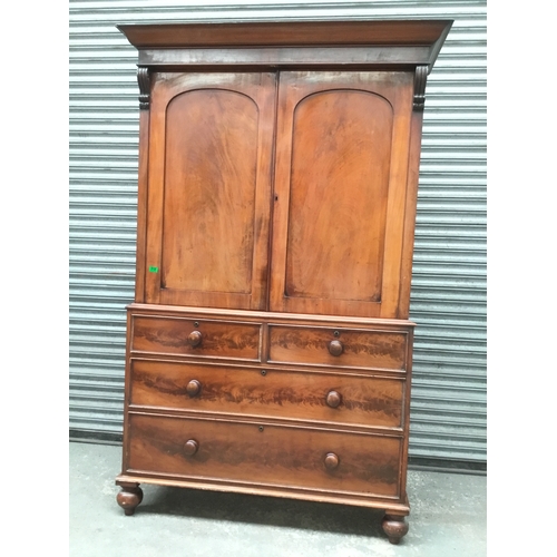 518 - Antique flame mahogany linen press cupboard with 2 plus 2 drawers 220cm x 140cm x 63cm comes apart i... 