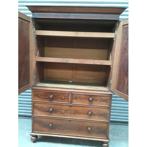 518 - Antique flame mahogany linen press cupboard with 2 plus 2 drawers 220cm x 140cm x 63cm comes apart i... 