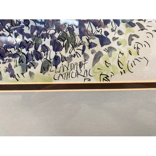 1389A - Llandaff Cathedral framed water colour painting by Welsh artist Olwen Hughes 1986