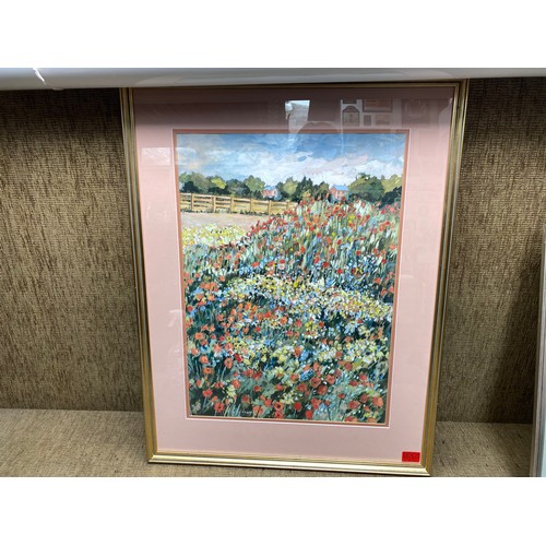 1013D - Stunning Framed Watercolour showing a field of flowers By Welsh Artist Olwen Hughes MBE 82cm x 62cm.