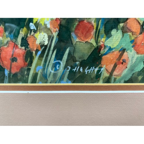 1013D - Stunning Framed Watercolour showing a field of flowers By Welsh Artist Olwen Hughes MBE 82cm x 62cm.