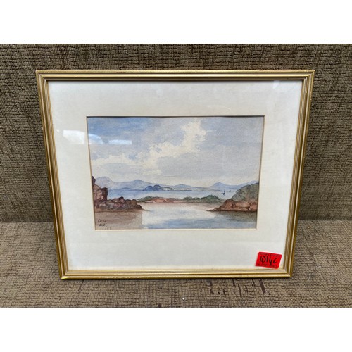 1014C - Framed watercolour depicting a lake and its shores with a mountainous backdrop, signed by the artist... 