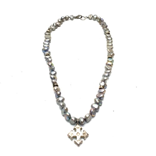 1244 - Sterling Silver cross mounted on a iridescent pearl necklace hallmarks for Birmingham 2000.