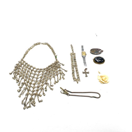 1016 - White metal french art deco style choker, vintage cross, agate stone pendant, moosachat semi preciou... 