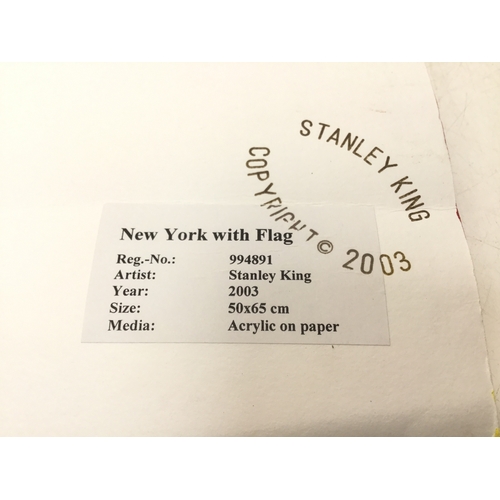 829 - New York with flag painted by the artist Stanley King 65cm x 50cm acrylic on paper with COA from Wes... 