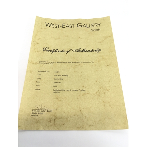 829 - New York with flag painted by the artist Stanley King 65cm x 50cm acrylic on paper with COA from Wes... 