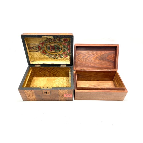 815 - Two wooden jewellery boxes, one carved, one with marketry.