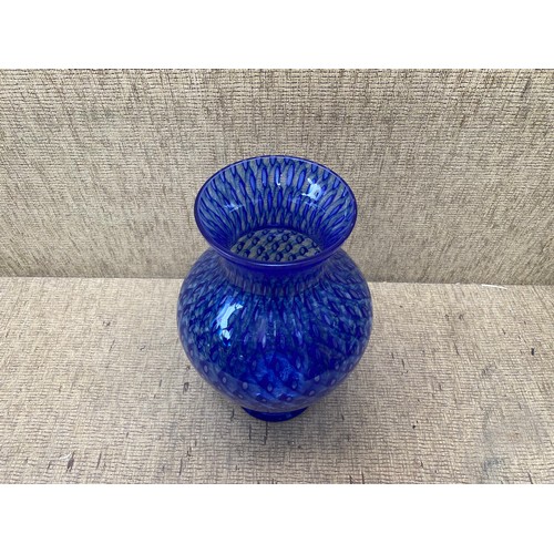 849 - Stunning Hand-Blown blue art glass vase with air bubbles 34cm.