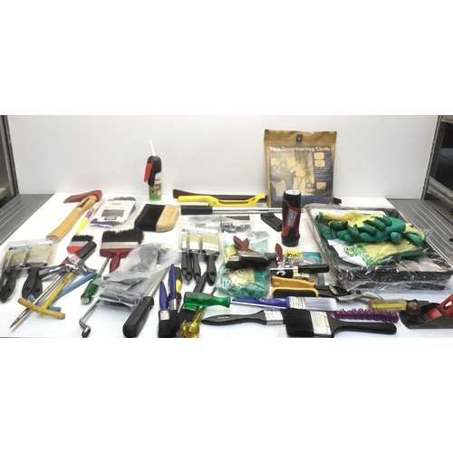 235 - A selection of mixed tools including brushes, gate bolts/hinges and fire cloth