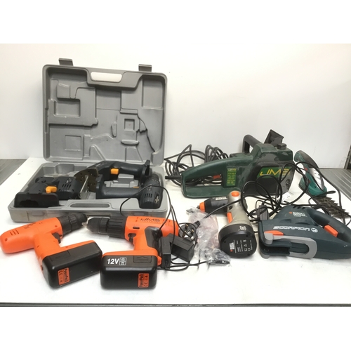 250 - Mixed tools including Black and Decker scorpion saw, JMB chainsaw and drills
