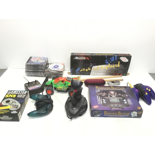 255 - Vintage gaming accessories including joystick, Barcode Battler and pc games
