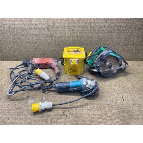 289 - Selection of 110V tools including a Transformer, Makita handgrinder and an hitachi Circular Saw.