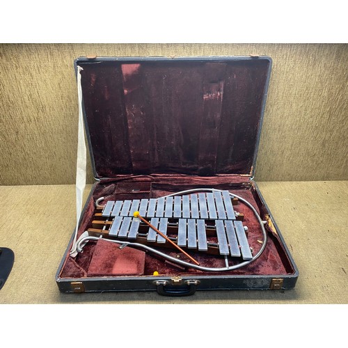 Glockenspiel percussion instrument with keys and sticks in a hard case.