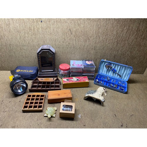 171 - mixed items including CDs, a boules set, and a Halfords torch.