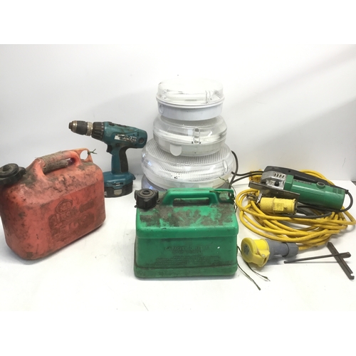 311 - Mixed tools including Hitachi 110v jigsaw, Makita cordless drill and bulkhead lights