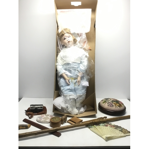 312 - Mixed vintage items including large Elizabethan doll 80cm, shepherds crook walking stick and a lovel... 