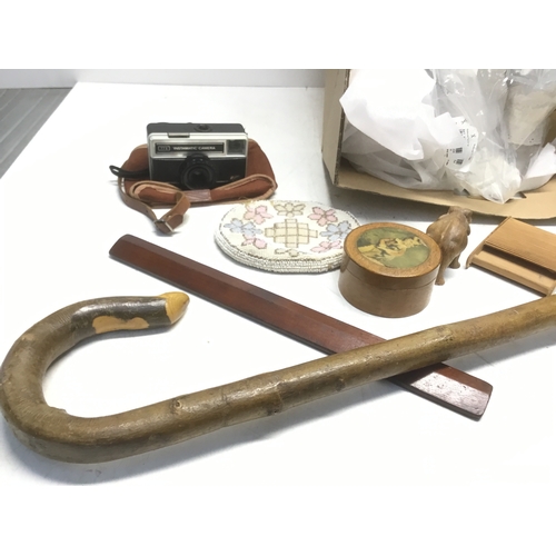 312 - Mixed vintage items including large Elizabethan doll 80cm, shepherds crook walking stick and a lovel... 