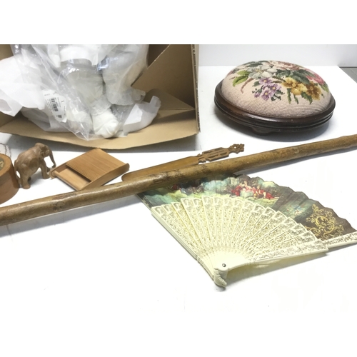 312 - Mixed vintage items including large Elizabethan doll 80cm, shepherds crook walking stick and a lovel... 