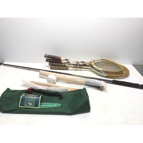 313 - Sporting goods including Sportsman fly fishing rod, rounders set and vintage tennis racquets