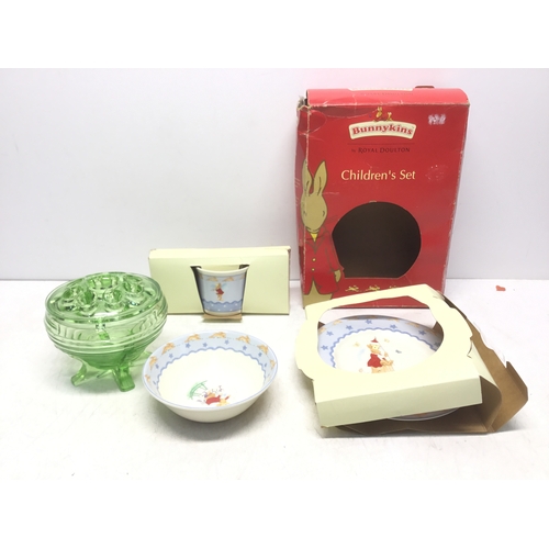 624 - Green glass Art Deco posy bowl with flower frog and a Royal Doulton Bunnykins cup, bowl and plate se... 