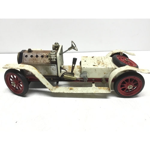 821 - Vintage Mamod SA1 Steam Roadster, a steam-powered model car (missing seat)