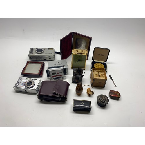 850 - Selection of curiosities, including cameras, carriage clocks.