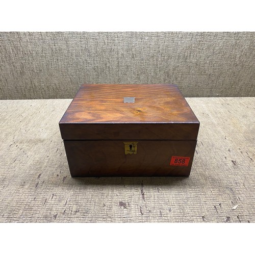 858 - antique oak writing slope with velvet lining with storage.