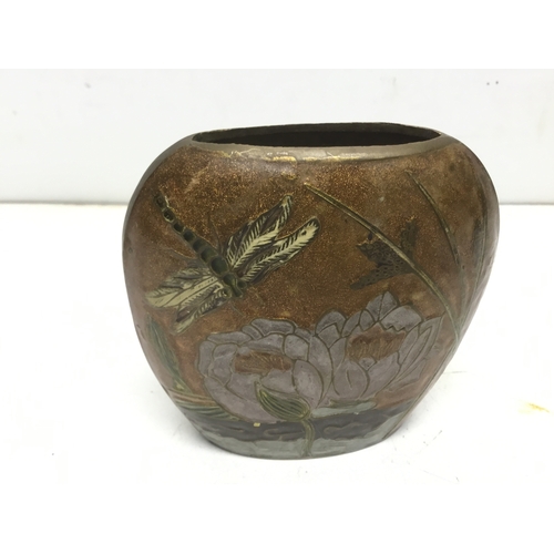 845 - Vintage Art Nouveau brass cloisonné butterfly vase 11cm