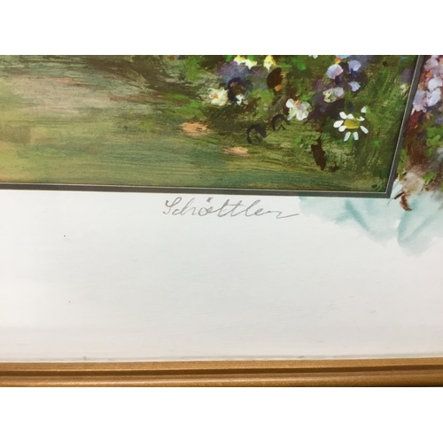 859 - Two framed meadows of flowers prints signed to the margin by Schoettler 47cm x 38cm