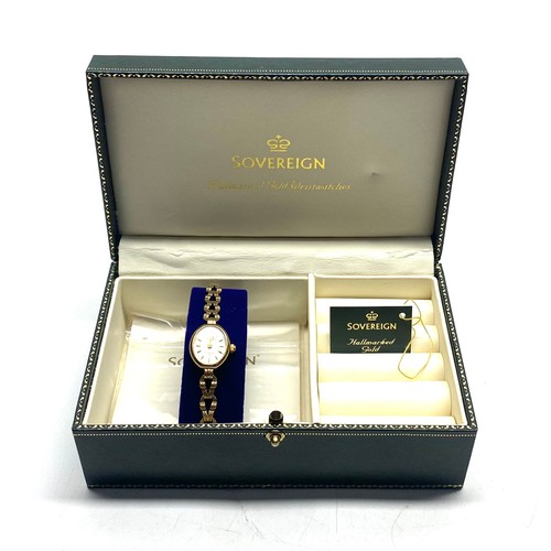 1188 - Sovereign 9ct gold Hallmarked gold wristwatch and box. (needs new battery). Total weight 8.7g.