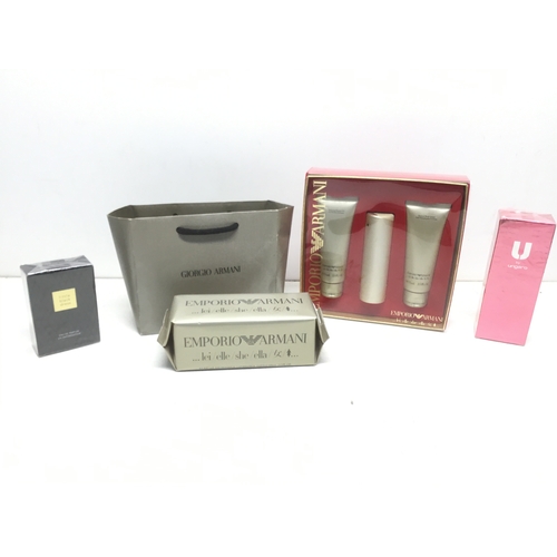 1002 - Mixed perfumes including Armani 100mm vaporiser, U by Ungaro and Armani boxed set