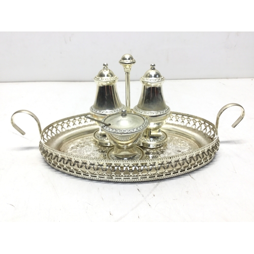 1010 - Lovely silver plated cruet set with salt, pepper and mustard pot