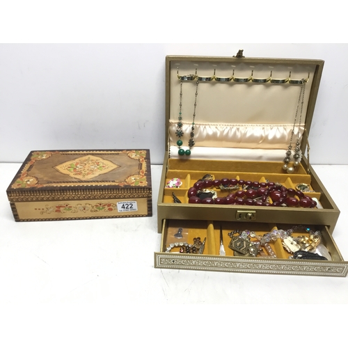 422 - Jewellery box with contents including brooches and necklaces plus a decorative wooden box