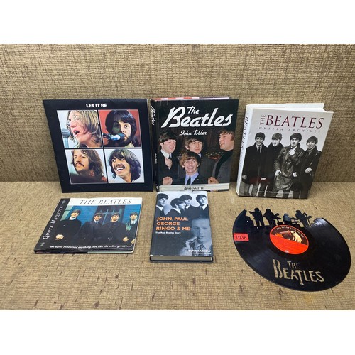 1038 - collection of beatles memorabila, including hardback books, The Real Story by Tony Barrow and let it... 