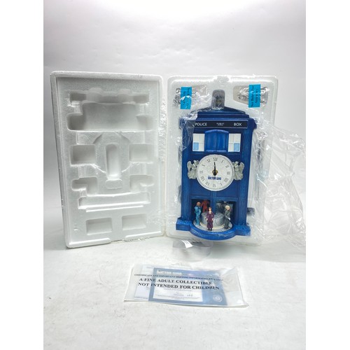 1103 - TARDIS clock with sculpted Doctor Who characters, blue Police Box case, Roman‑numeral dial, detailed...