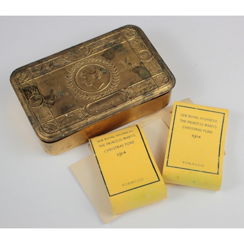 1000 - WW1 1914 Princess Mary gift tin with original packet of cigarette and tobacco sleeves with 1914 gift... 