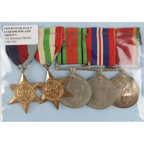 1044 - WW2 group to 281442 O E Hewetson. 1939-45 Star, Italy Star, Defence & War Medals, Africa Service Med... 