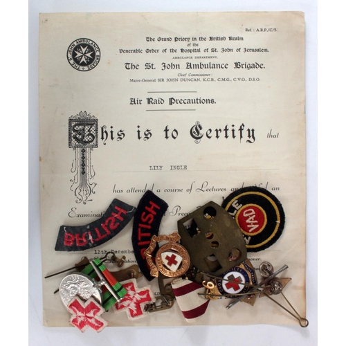 1057 - WW2 nurses group with Red Cross ARP certificate to Lilly Ingle selection of Red Cross badges shoulde... 