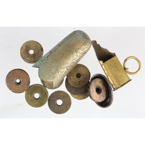 1090 - Bag of 10x brass SMLE butt marker discs, chape for Japanese sword, ornate design (Ishizuke) and a Ka... 