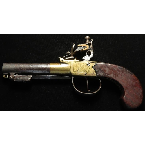 1144 - Flintlock Pistol, turn off barrel, brass framed pocket pistol circa 1810. Round barrel 3