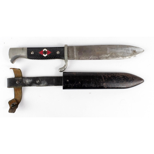 1159 - German Hitler Youth dagger with scabbard and leather frog. Blade maker marked 'RZM M7/27 1940'.  (le... 